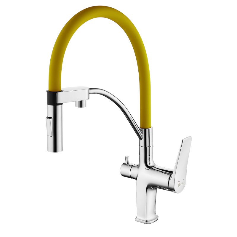 Смеситель для кухни Lemark Comfort LM3074C-Yellow с гибким изливом, с подключением к фильтру с питьевой водой, хром, желтый