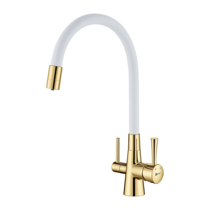 Смеситель для кухни Lemark Comfort LM3075G-White с гибким изливом, с подключением к фильтру с питьевой водой, золото, белый