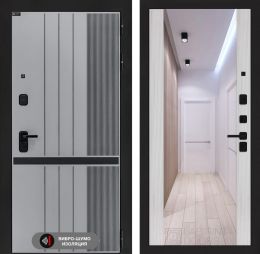 Дверь входная Лабиринт SKYLAB с зеркалом Максимум Сандал белый