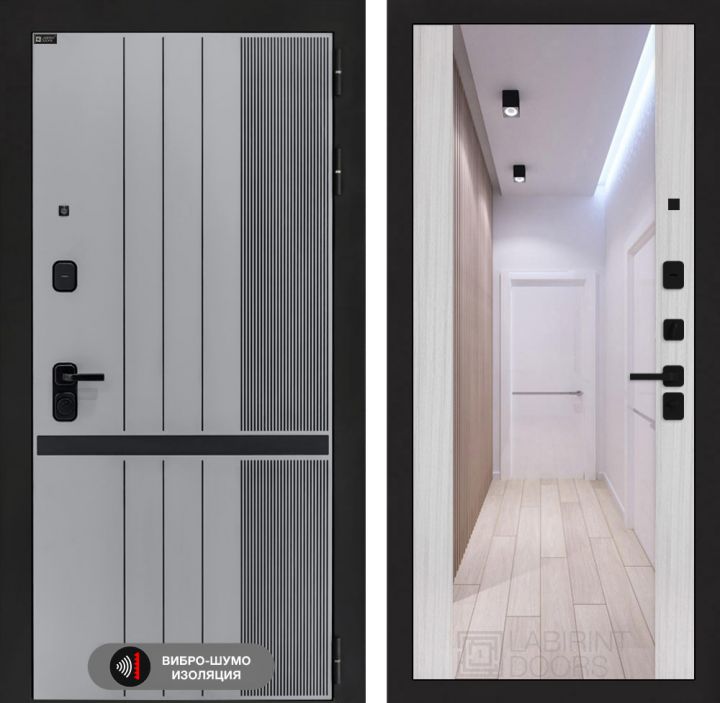 Дверь входная Лабиринт SKYLAB с зеркалом Максимум Сандал белый