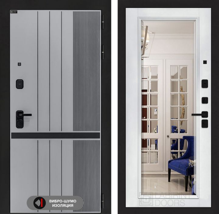 Дверь входная Лабиринт SKYLAB Зеркало фацет Белый софт