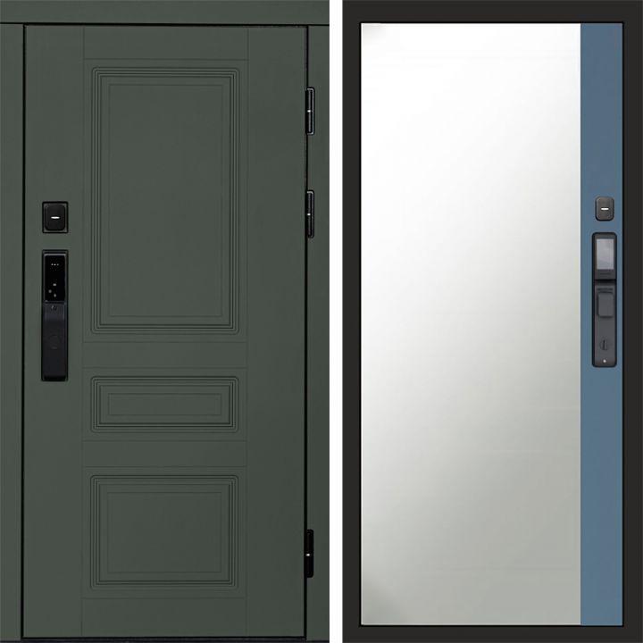 Входная дверь Termo-door ОРЕГОН GREEN с электрозамком Широкое Зеркало Фацет Грей Софт