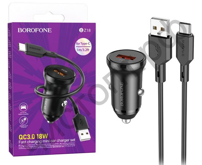 АЗУ Borofone BZ18 USB 3.0A QC3.0 с кабелем Type-C Черный