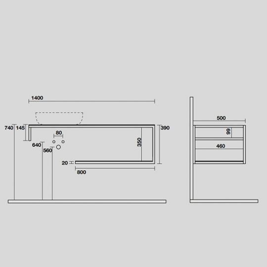 Консоль Kerasan Louise 9322k5 140Х50 с полкой схема 2