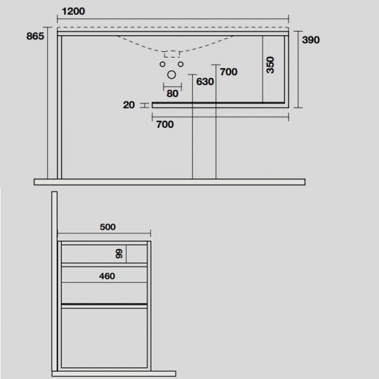 Консоль Kerasan Shape 9333K3 122Х52 с полкой схема 2