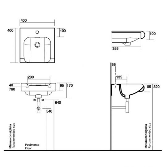 Тумба с раковиной Kerasan Inka project 911001 40Х37 с ящиком схема 2