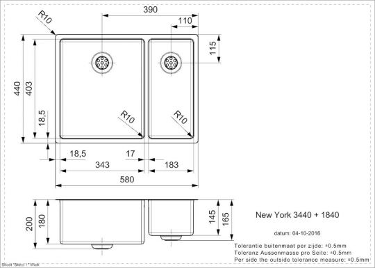 Двойная стальная мойка Reginox ELITE New York L 34x40+18x40 58х44 см схема 2