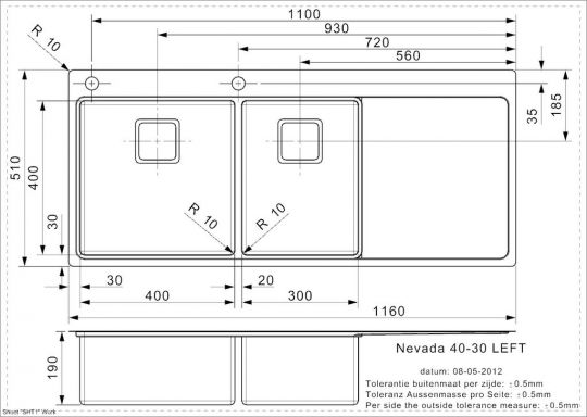 Мойка Reginox ELITE Nevada L 40x30 (left) 116х51 см схема 2