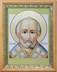Икона Николай Чудотворец с узорами по нимбу в киоте с басмой (академический стиль)