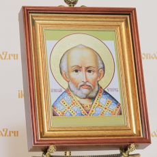 Икона Николай Чудотворец с узорами по нимбу в киоте Золотой Багет (академический стиль)