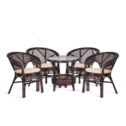 Комплект "PELANGI" 02/15 (стол со стеклом + 4 кресла) с подушками, ротанг, walnut (грецкий орех)
