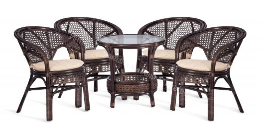 Комплект "PELANGI" 02/15 (стол со стеклом + 4 кресла) с подушками, ротанг, walnut (грецкий орех)