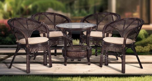 Комплект "PELANGI" 02/15 (стол со стеклом + 4 кресла) с подушками, ротанг, walnut (грецкий орех)