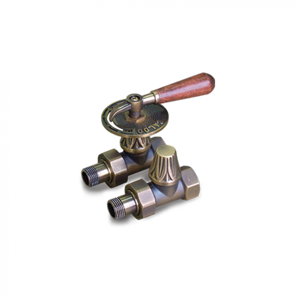 Изображение Комплект вентилей прямых для чугунных радиаторов 1/2", с деревянной ручкой, темная бронза