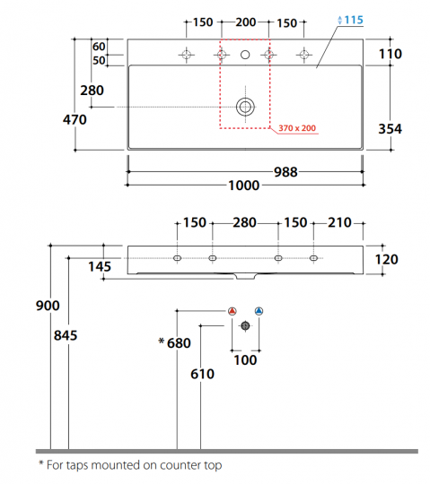 Раковина Globo Le Lastre T-Edge B6R100 100 х 47 схема 2