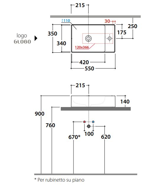 Накладная раковина Globo Le Lastre TE055 55x35 ФОТО