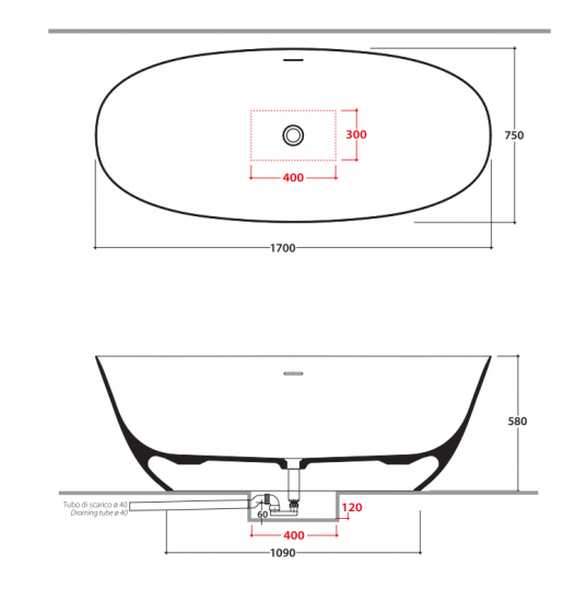 Овальная Ванна Globo Xenia KOIB124 170x75 см схема 2 Овальная Ванна Globo Xenia KOIB124 170x75 см схема 2