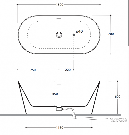 Овальная Ванна Globo Paula KOIB129 150x70 см схема 2