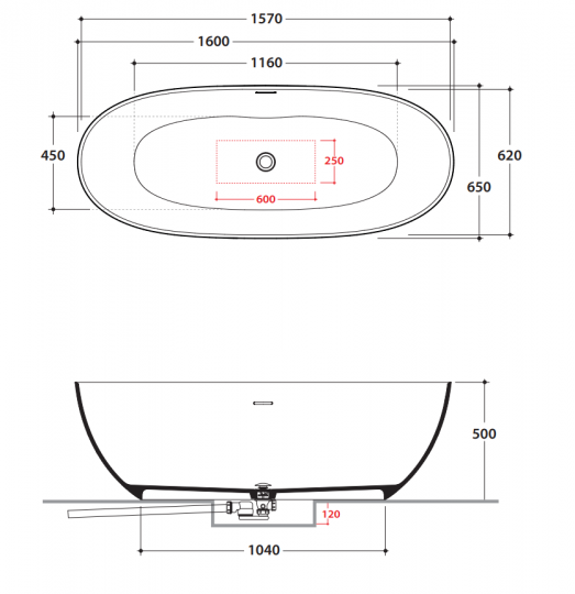 Овальная Ванна Globo Mila KOIB135 160x65 см схема 2