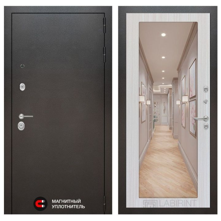 Входная дверь Лабиринт SILVER - Зеркало 18 Сандал белый