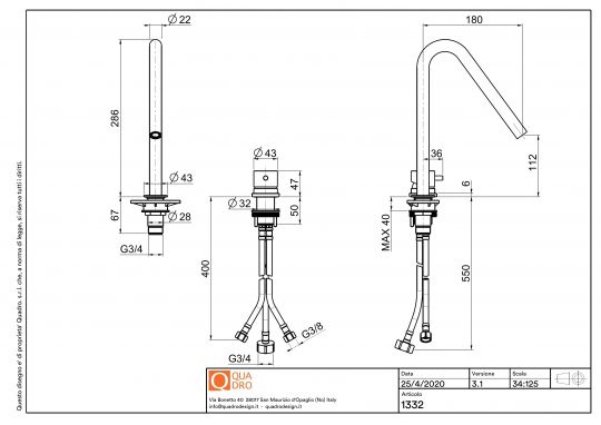 Кухонный смеситель Quadro design Kitchen Inox 410 AS поворотный 2 отверстия схема 2