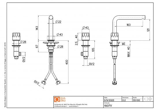 Смеситель для раковины Quadro design HB 15 07V AS встраиваемый 3 отверстия схема 3