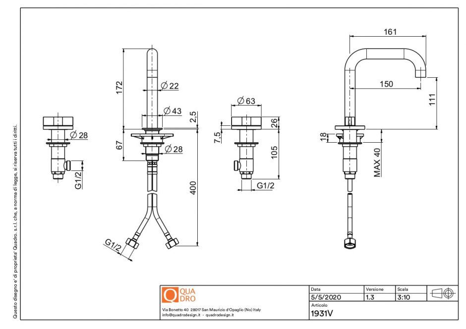Смеситель для раковины Quadro design Valvola01 19 31V на 3 отверстия ФОТО