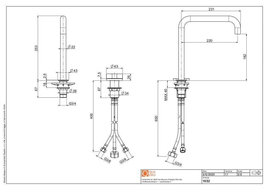 Смеситель для раковины Quadro design Valvola01 19 32 встраиваемый высокий ФОТО