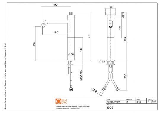 Смеситель для раковины Quadro design Valvola01 19 02 высокий схема 2
