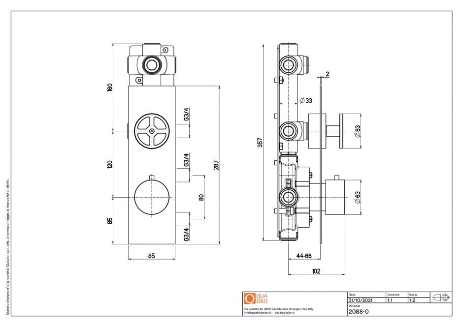 Термостатический смеситель Quadro design Valvola02 20 88.0 на два отверстия ФОТО