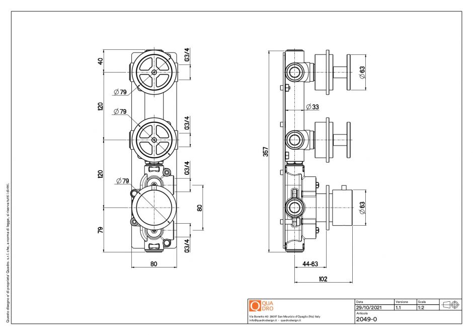 Термостатический смеситель Quadro design Valvola02 20 49.0.00 два запорных крана ФОТО