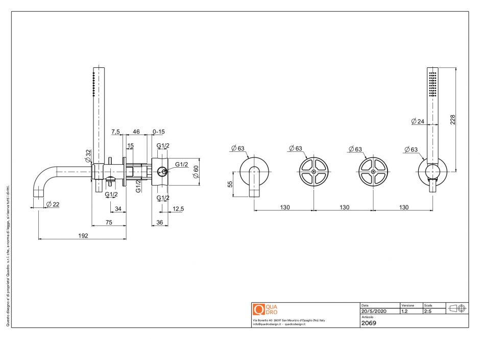 Смеситель для ванны и душа Quadro design Valvola02 20 69 настенный ФОТО
