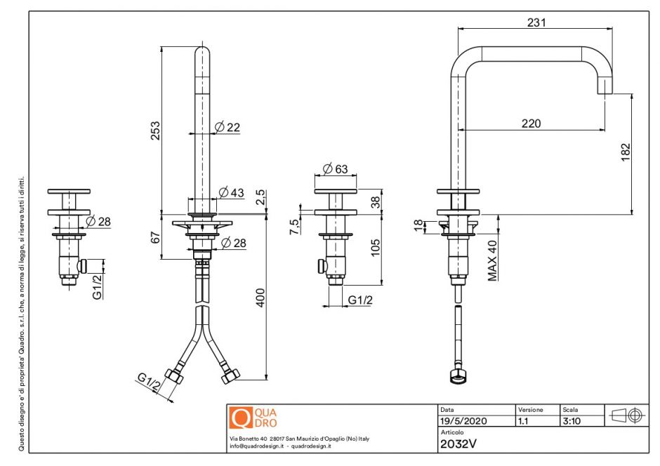 Смеситель для раковины Quadro design Valvola02 20 31V повортный высокий излив ФОТО