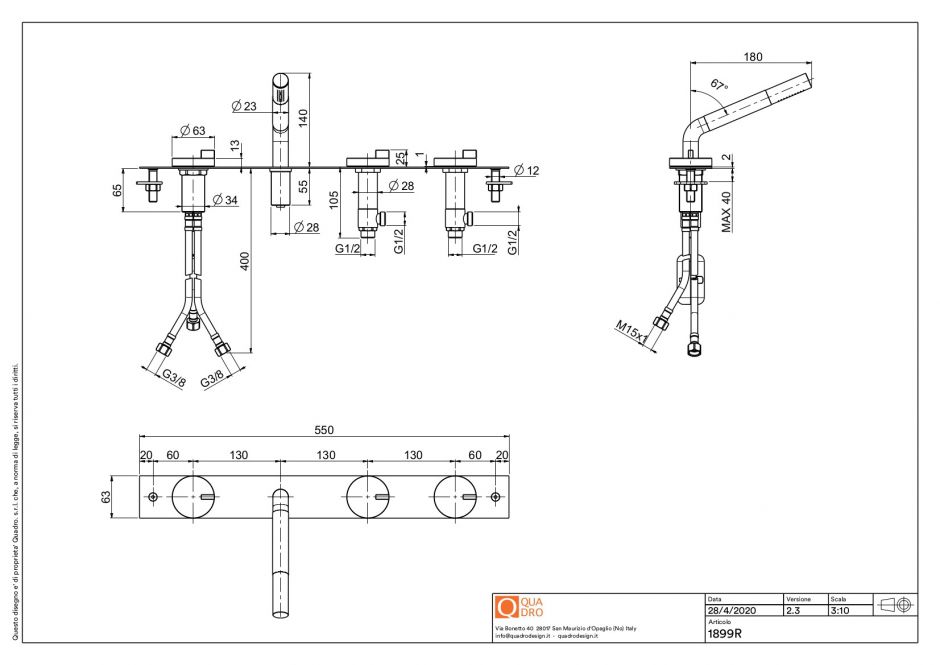 Смеситель встраиваемый в борт ванны Quadro design Q 18 99R с душем без излива ФОТО