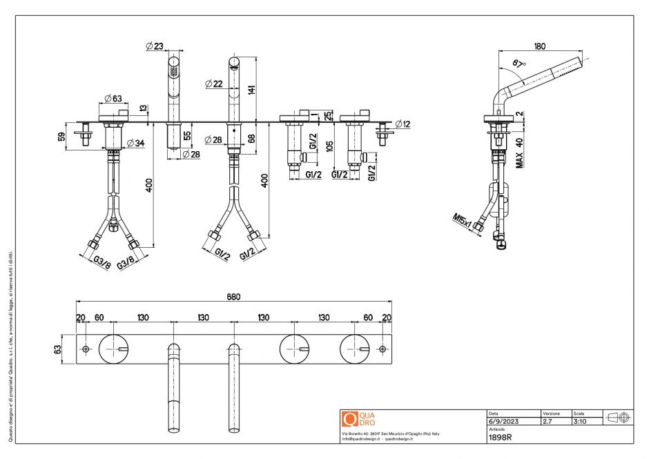 Смеситель встраиваемый в борт ванны Quadro design Q 18 98R с душем и изливом ФОТО