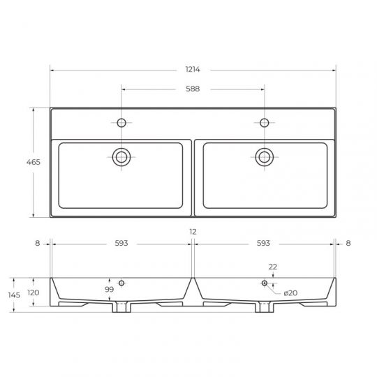 Керамическая раковина с двумя чашами Cezares CZR-MIL 120х46,5 схема 2