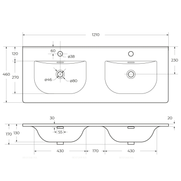Керамическая раковина с двумя чашами Cezares 121х46х15 схема 2