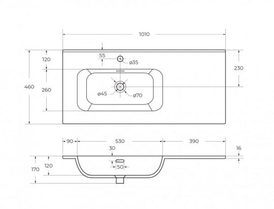 Керамическая раковина Cezares  CZR-8095 чаша слева/справа, глубина 46см схема 2