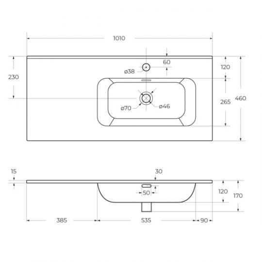 Керамическая раковина Cezares  CZR-8095 чаша слева/справа, глубина 46см схема 6