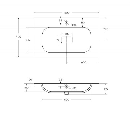 Раковина из искусственного мрамора Cezares RELAX 80х48 схема 2