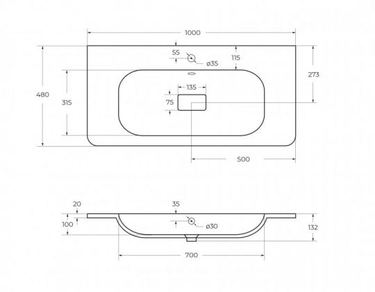 Раковина из искусственного мрамора Cezares RELAX 100х48 схема 2
