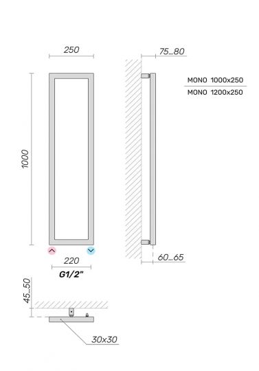 Полотенцесушитель водяной Broner Mono V MN.025.100.0000 вертикальный 250 мм схема 3