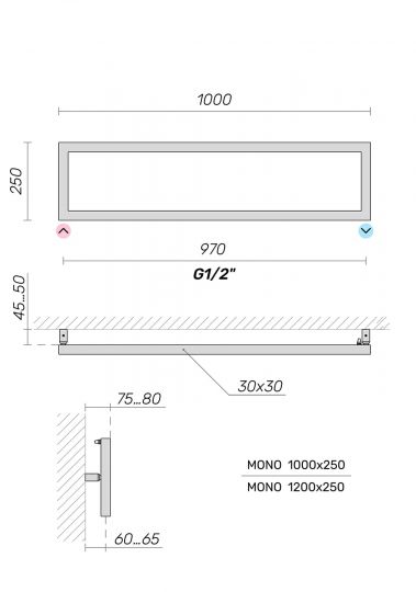 Полотенцесушитель водяной Broner Mono H MN.025.120.0000 горизонтальный 250 мм схема 2