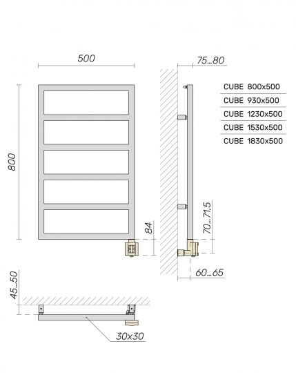 Полотенцесушитель вертикальный Broner Cube CB.EL.050.120.0000 электро 500 мм схема 4