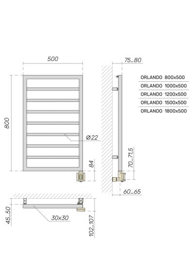 Полотенцесушитель электрический Broner Orlando ORL.EL.050.100.0000 вертикальный 500 мм схема 3