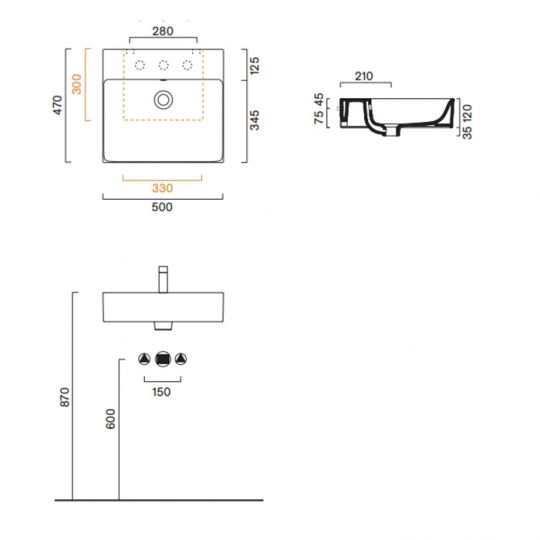 Раковина 50x47 Catalano PREMIUM без отв. под смеситель покрытие Cataglaze+ цвет белый глянцевый 220500001 схема 2