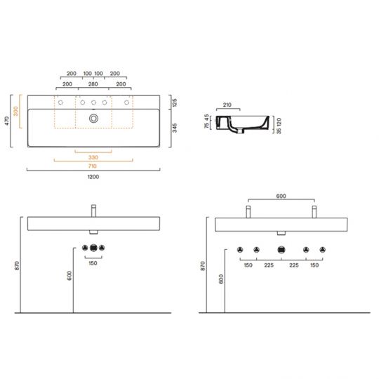 Раковина 120x47 Catalano PREMIUM без отв. под смеситель покрытие Cataglaze+ цвет белый глянцевый 221200001 схема 2