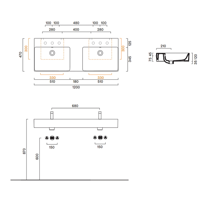 Раковина 120x47 двойная Catalano PREMIUM без отв. под смеситель покрытие Cataglaze+ цвет белый глянцевый 221220001 ФОТО