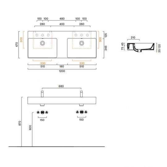 Раковина 120x47 двойная Catalano PREMIUM без отв. под смеситель покрытие Cataglaze+ цвет белый глянцевый 221220001 схема 2