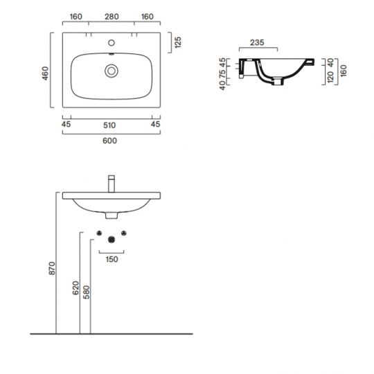 Раковина 60x46 встраиваемая/подвесная Catalano Alvea без отв. под смеситель покрытие Cataglaze+ цвет белый глянцевый 620600001 схема 2 Раковина 60x46 встраиваемая/подвесная Catalano Alvea без отв. под смеситель покрытие Cataglaze+ цвет белый глянцевый 620600001 схема 2